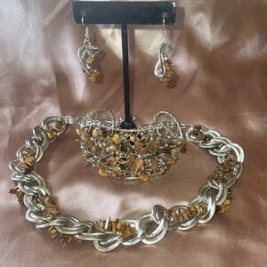 Natural Stone and Silver Links Necklace Bracelet & Earring Set